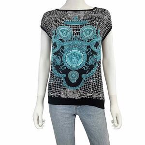VERSACE Women's Black and Blue Graphic Medusa Silk Top Size Small